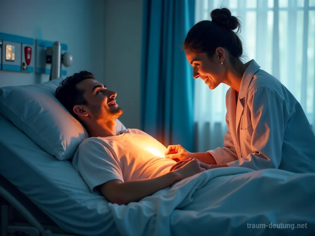 Geheilter Patient im Bett, dem Licht entströmt, mit einem Arzt an der Seite.