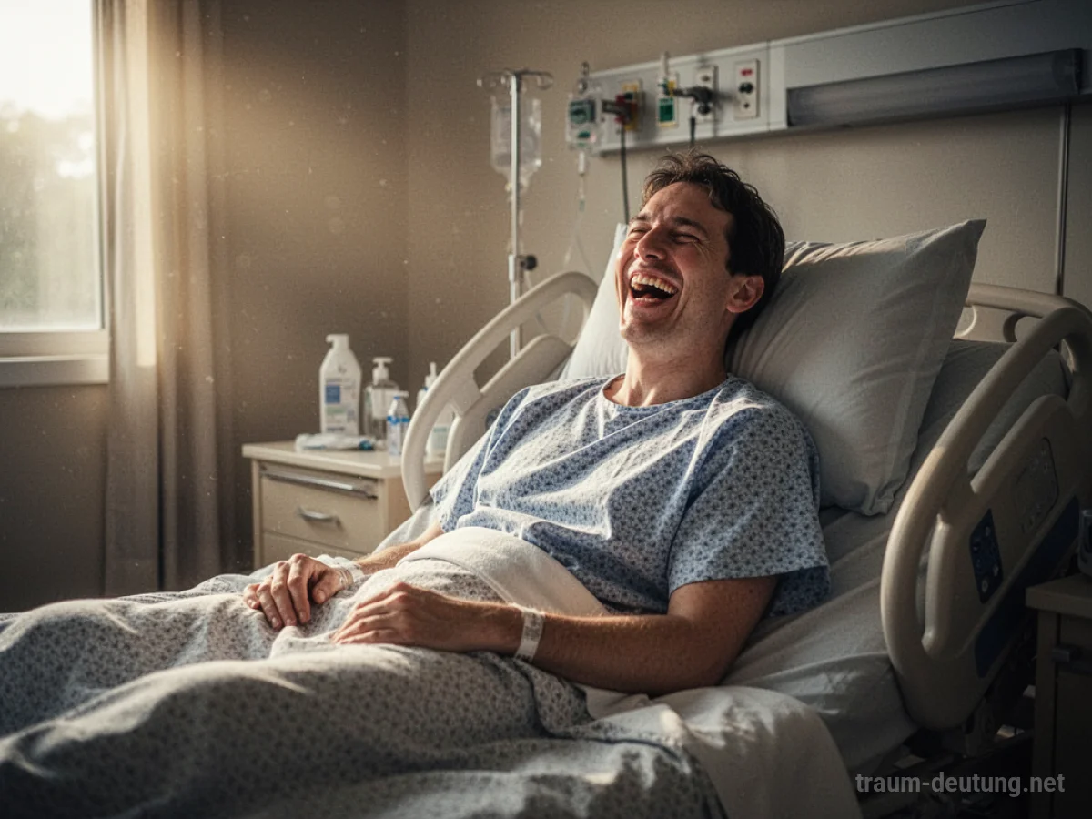 Ein Patient im Krankenhausbett lacht herzlich.