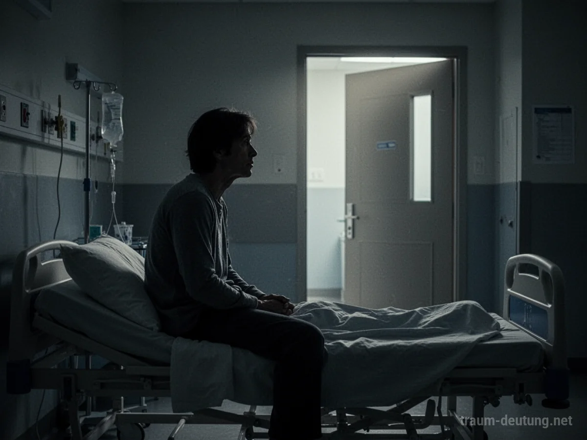 Silhouette eines Patienten, der auf einem Krankenhausbett sitzt und auf eine Tür blickt.
