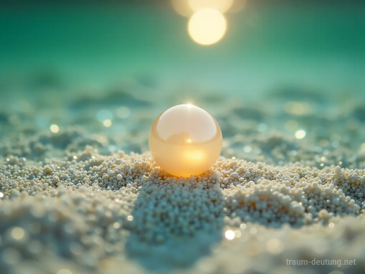 Eine einzelne Perle liegt im klaren Wasser auf Sand.