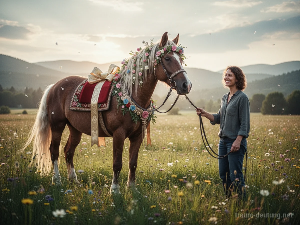 Ein Pferd wird als Geschenk überreicht, steht in einer sonnigen Wiese.