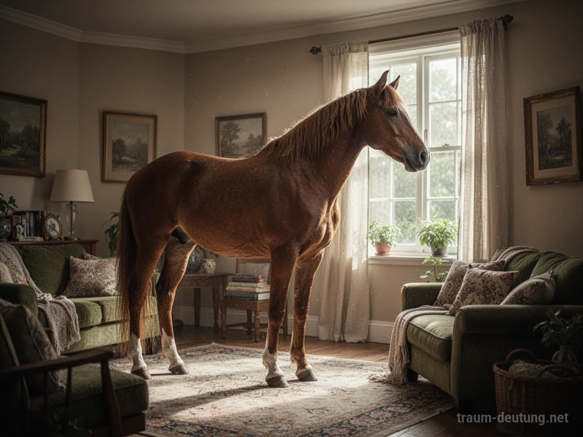 Ein Pferd steht ruhig in einem Wohnzimmer.