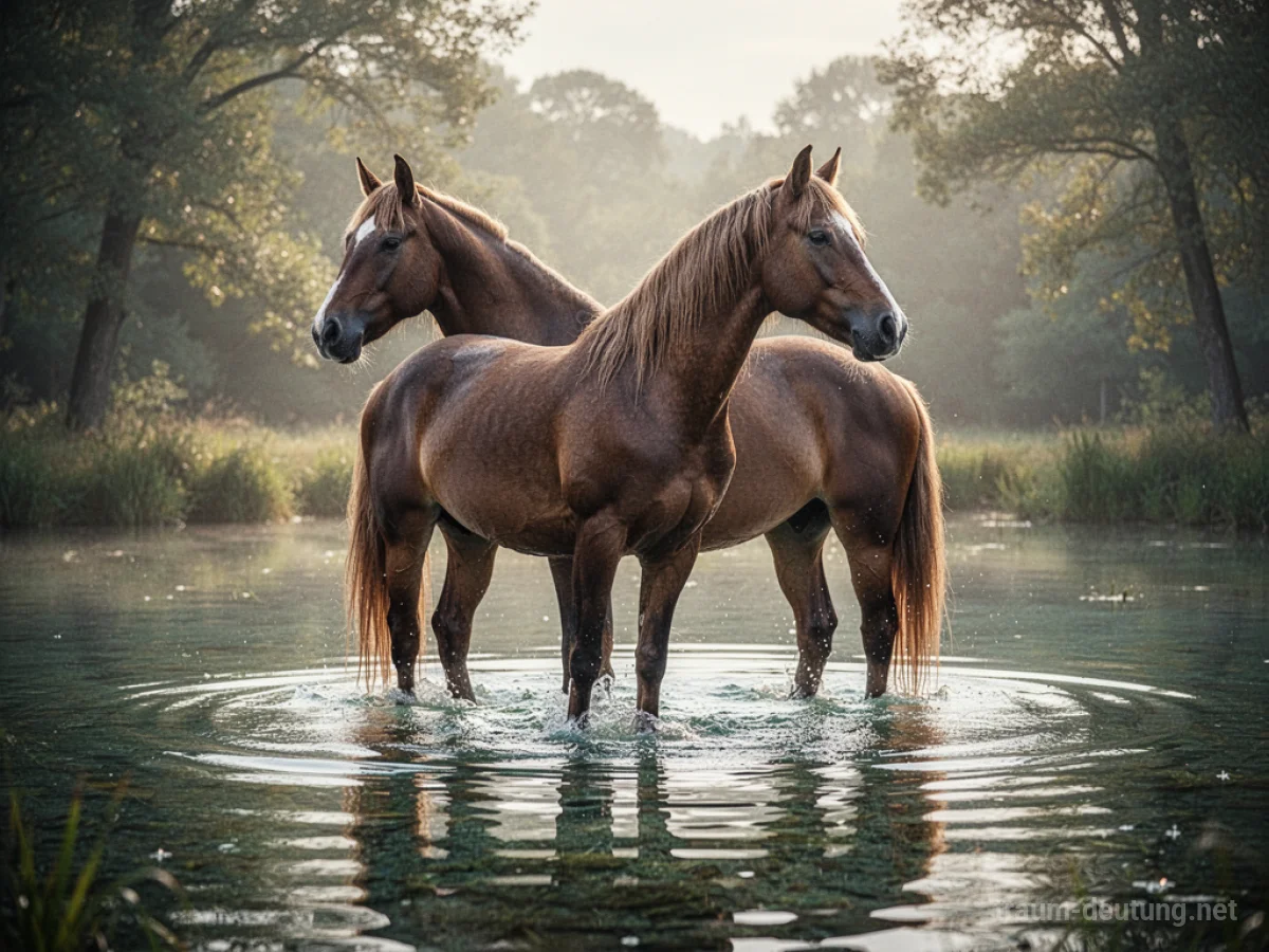 Ein Pferd steht ruhig in klarem Wasser, umgeben von einer friedlichen Naturlandschaft.