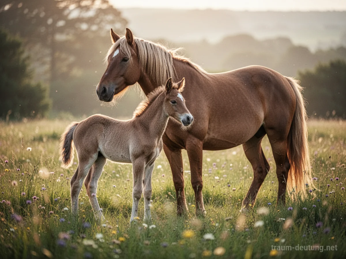Ein Pferd mit Fohlen auf einer sonnigen Wiese.