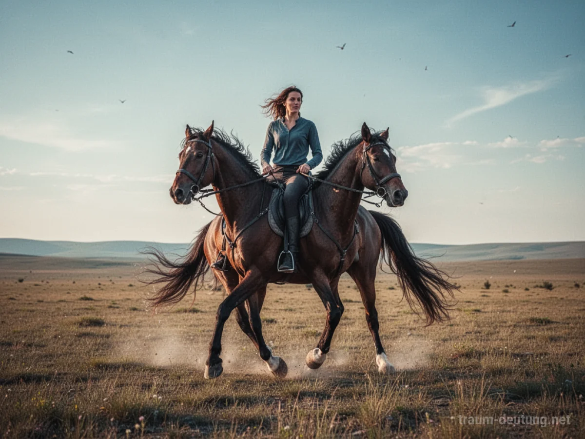 Person reitet auf einem Pferd durch eine weite Landschaft.