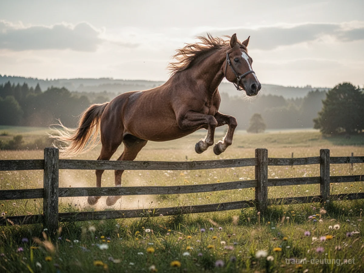 Pferd springt über einen hölzernen Zaun auf einer grünen Wiese.