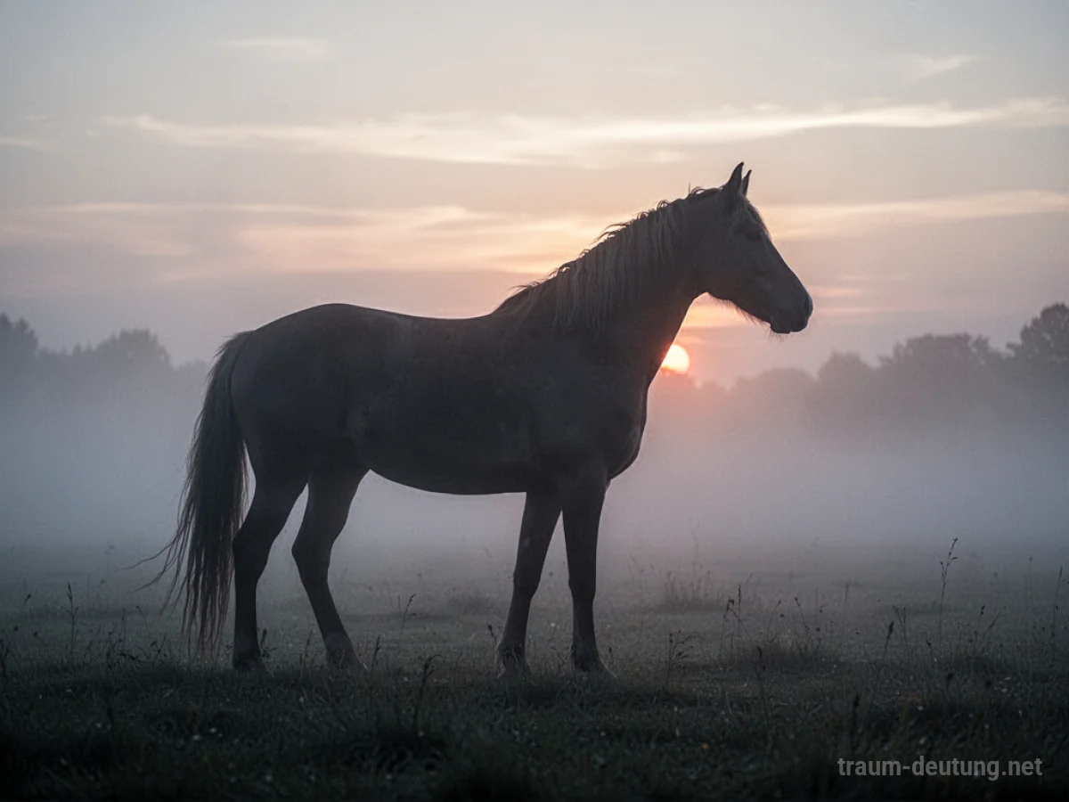Silhouetten eines Pferdes, das im Nebel verschwindet, mit einem Morgenhimmel.