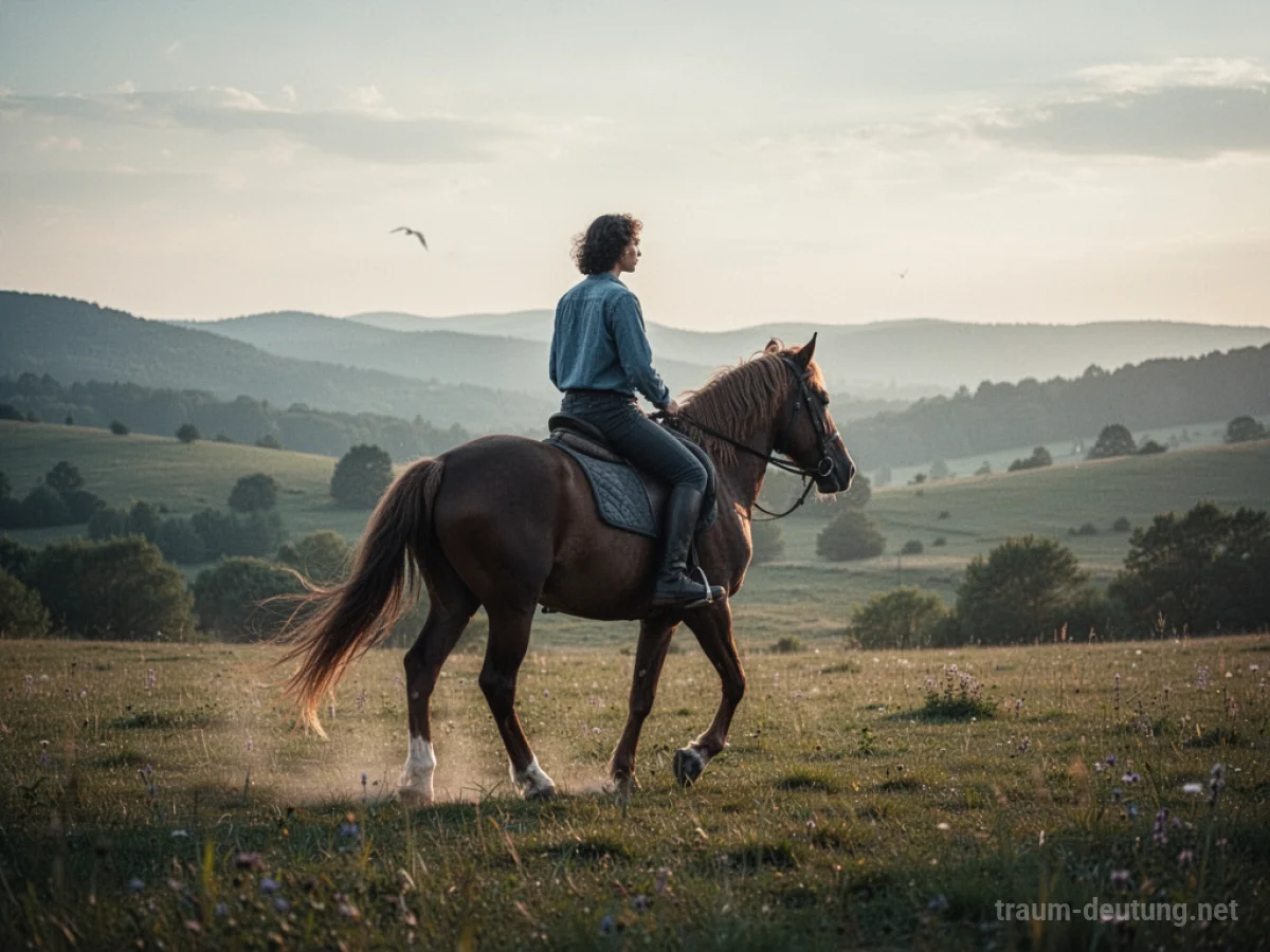 Eine Person reitet auf einem Pferd durch eine friedliche Landschaft.