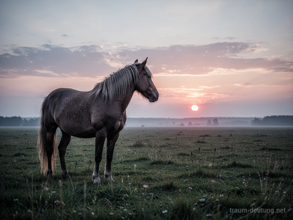 Ein Pferd steht allein auf einem Feld und blickt in Richtung des Sonnenuntergangs.