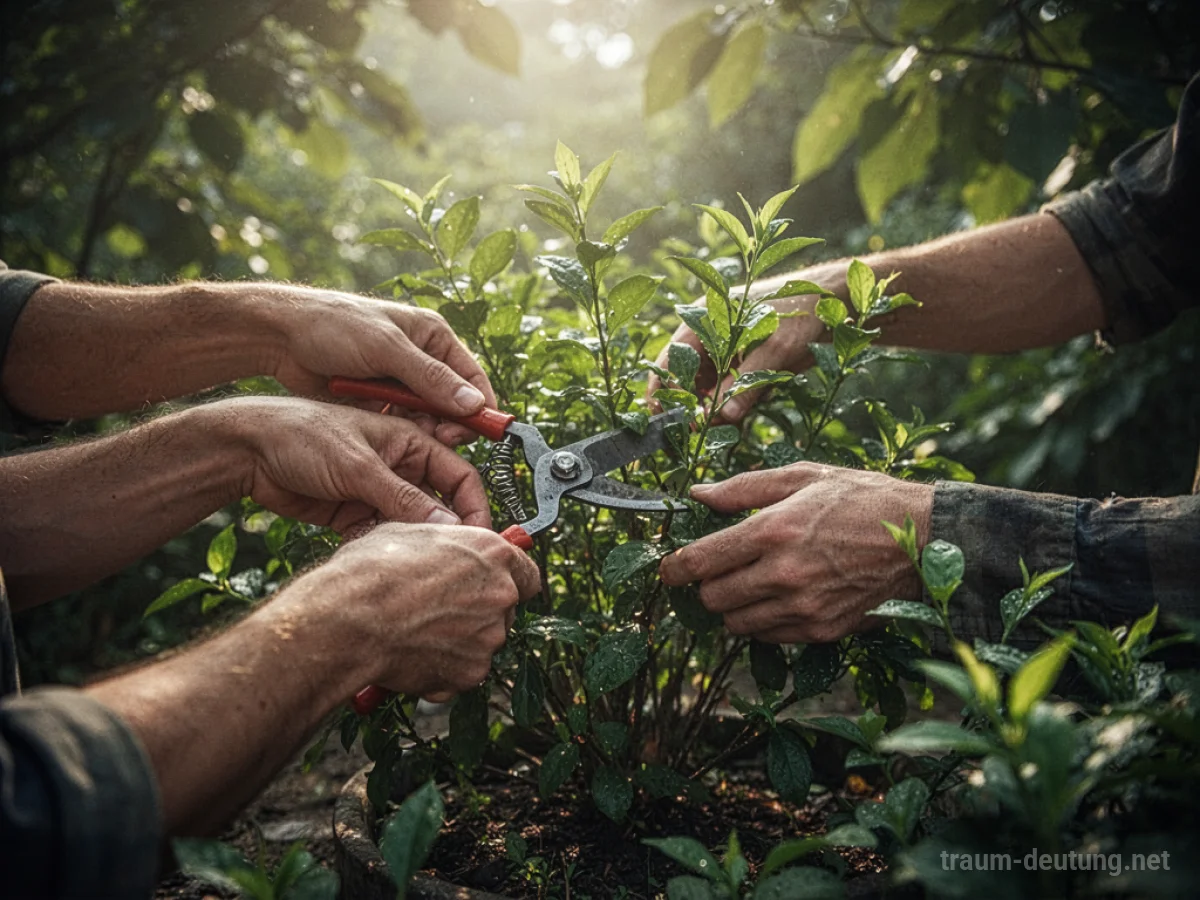 Hände schneiden eine Pflanze mit einer Gartenschere