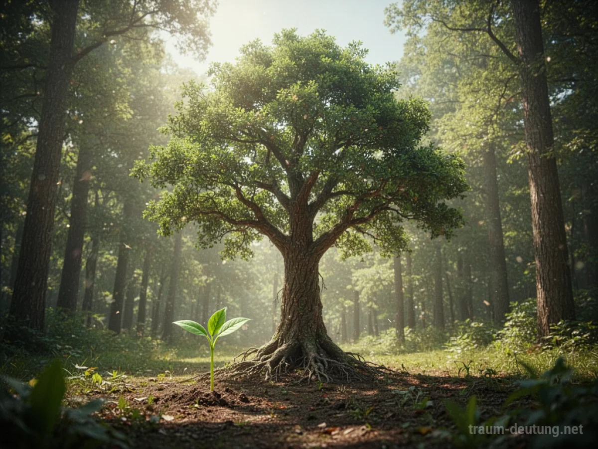 Kleine Pflanze verwandelt sich zu einem großen Baum im Wald