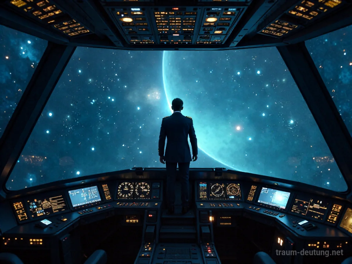 Pilotenfigur im Cockpit eines Raumschiffs mit Blick auf Sterne