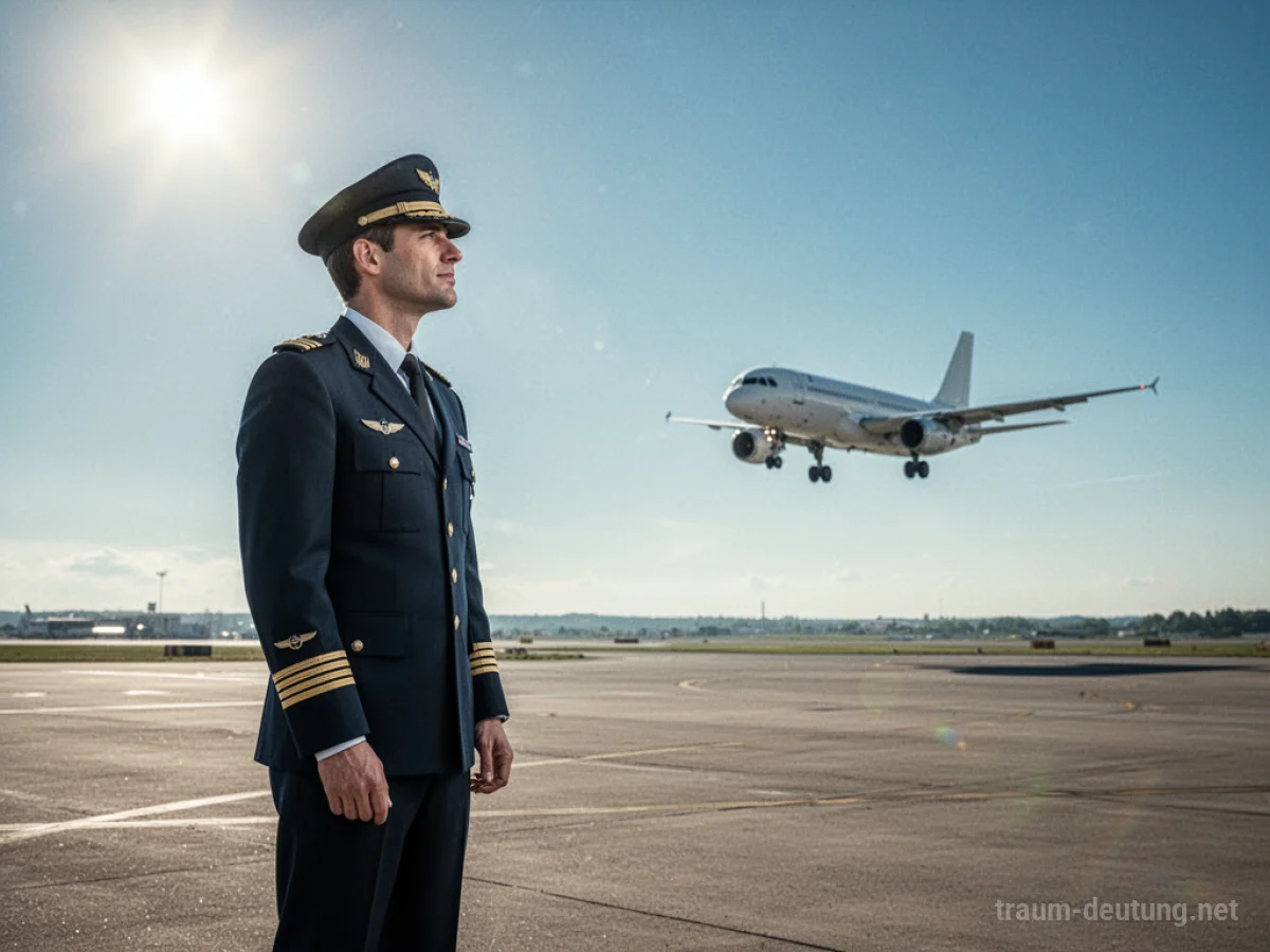 Pilot in Uniform steht auf einem Flughafen und blickt Richtung Flugzeug.