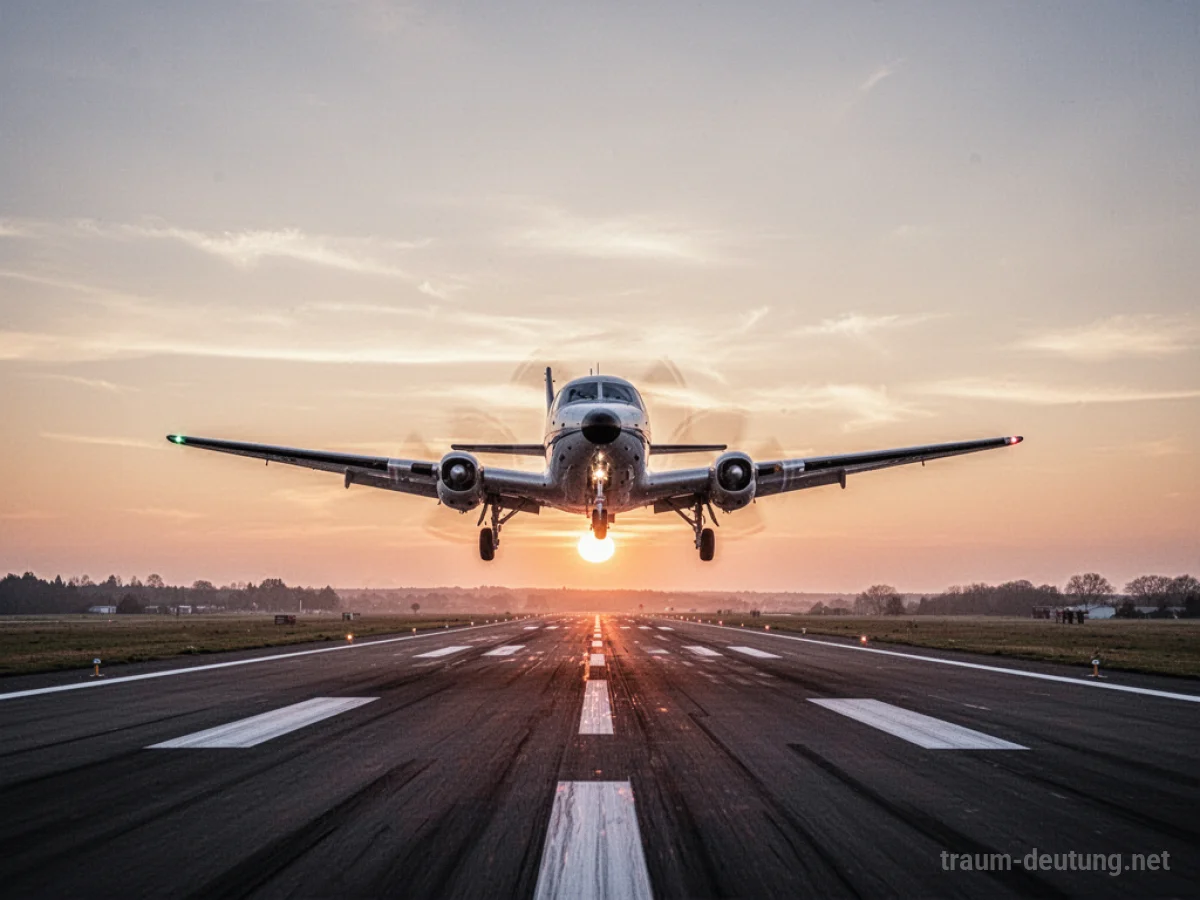 Flugzeug landet sicher auf Landebahn bei Sonnenuntergang