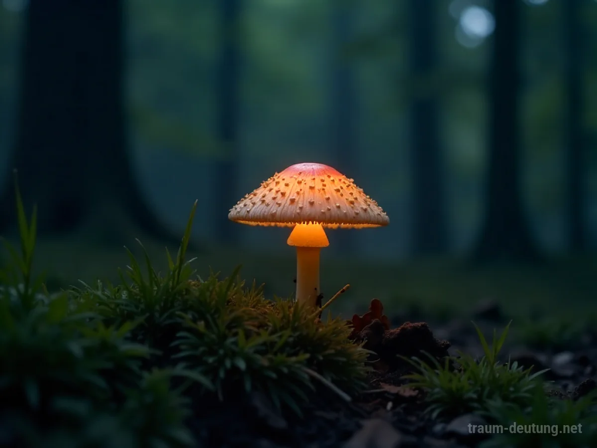 Leuchtender Pilz im dunklen Wald als Symbol für Heilung im Traum