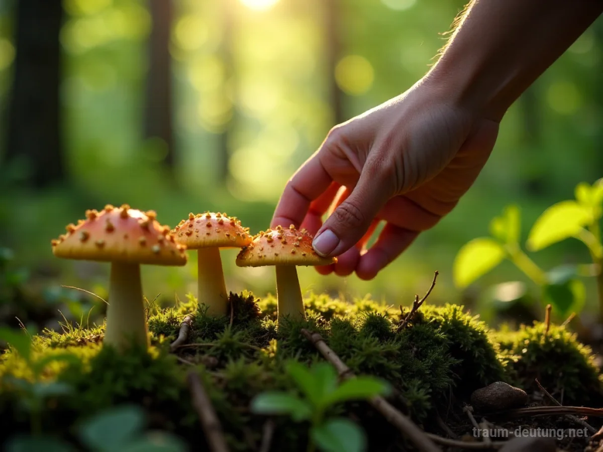 Hand pflückt frische Pilze im Wald