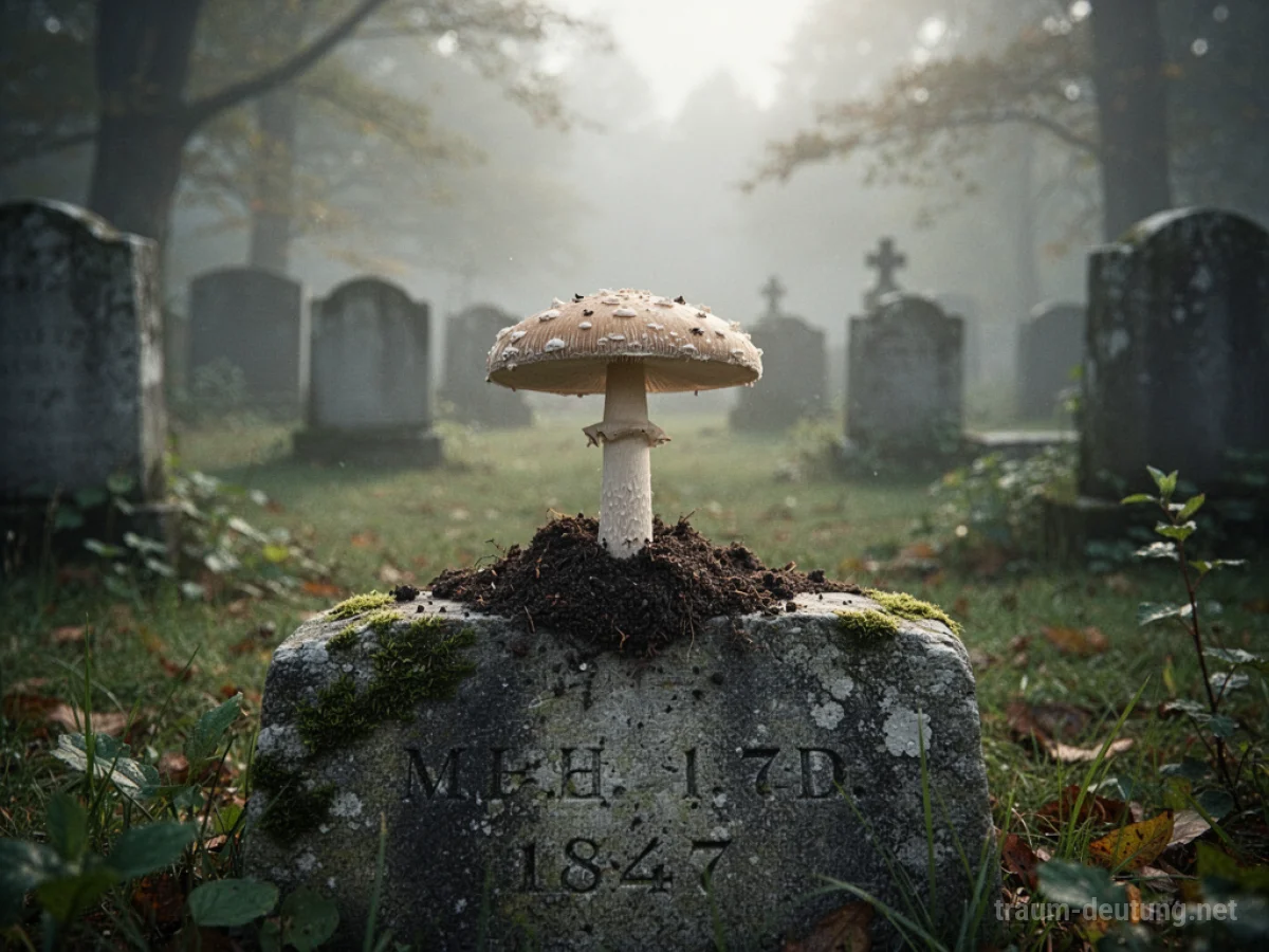Ein einzelner Pilz wächst auf einem Grabstein in einem Friedhof.