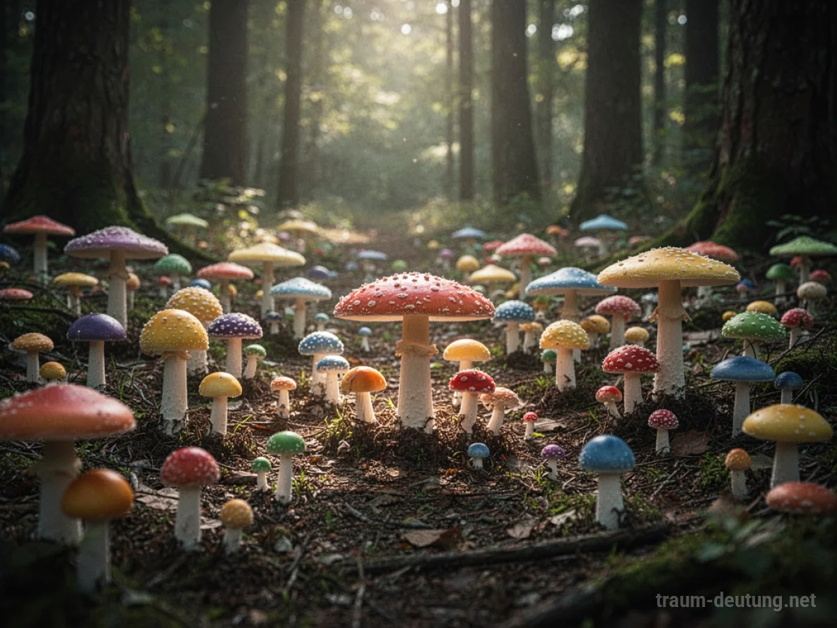 Bunte Pilze sprießen plötzlich aus Waldboden im Traum