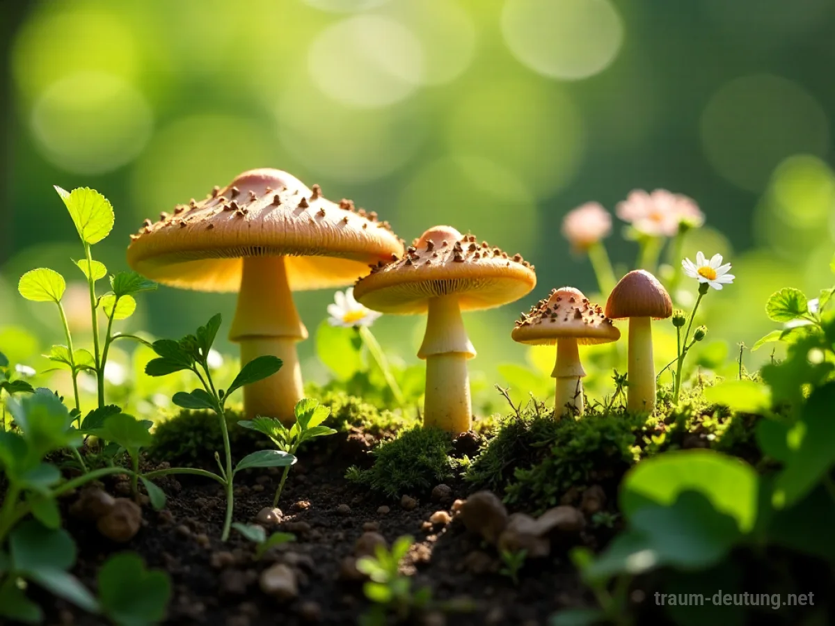 Pilze wachsen in einem Garten zwischen Pflanzen und Blumen.
