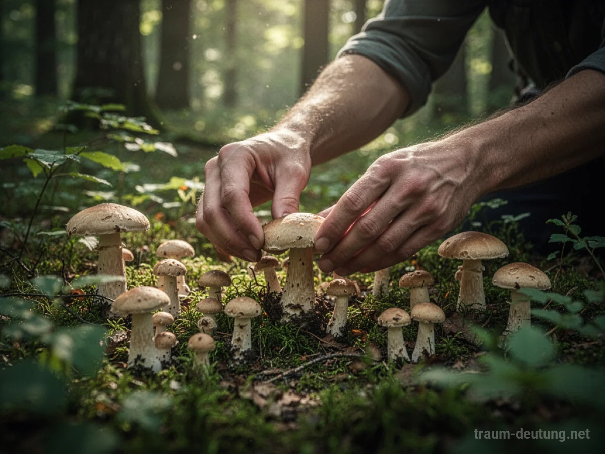 Hände pflücken Pilze auf Waldboden