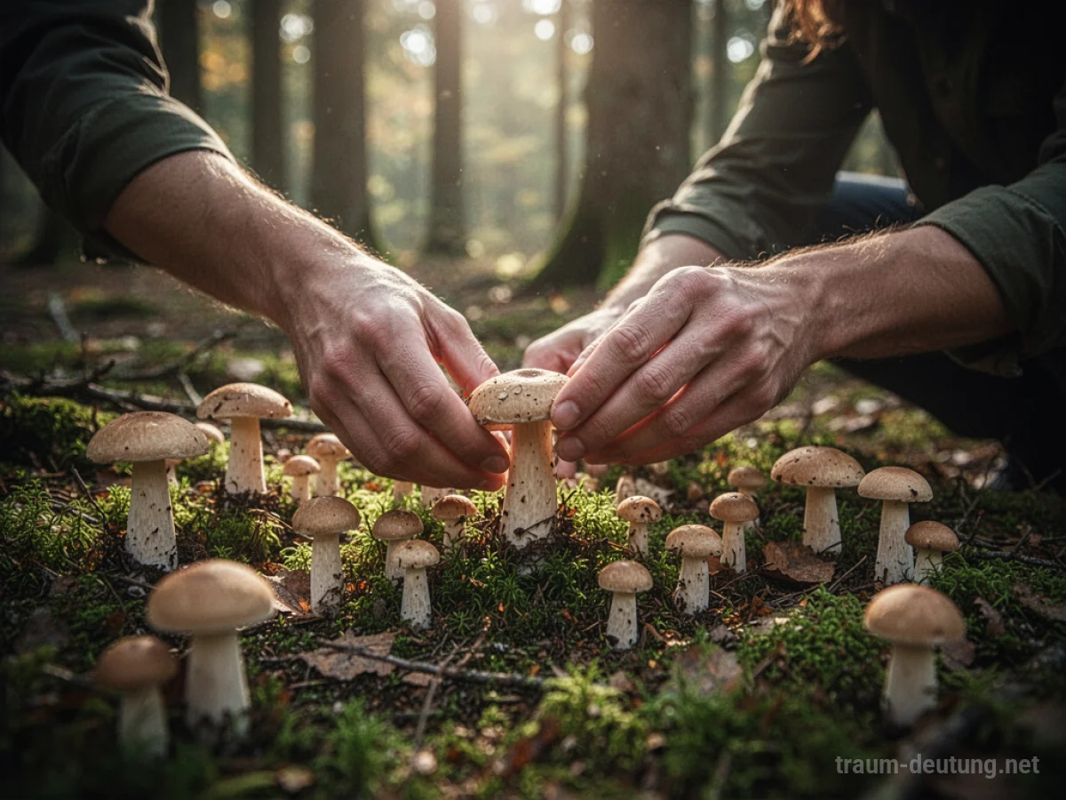 Hände sammeln Pilze auf Waldboden