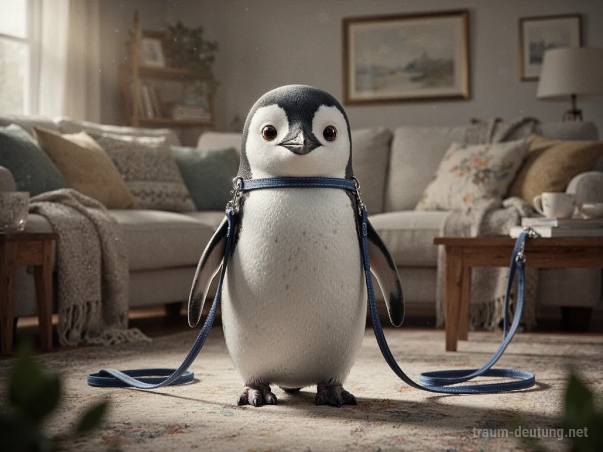 Ein Pinguin als Haustier steht an der Leine in einem Wohnzimmer.