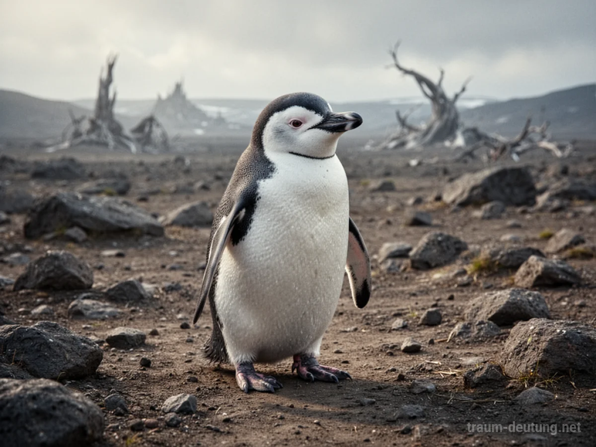 Pinguin steht auf trockenem Land und schaut sich um