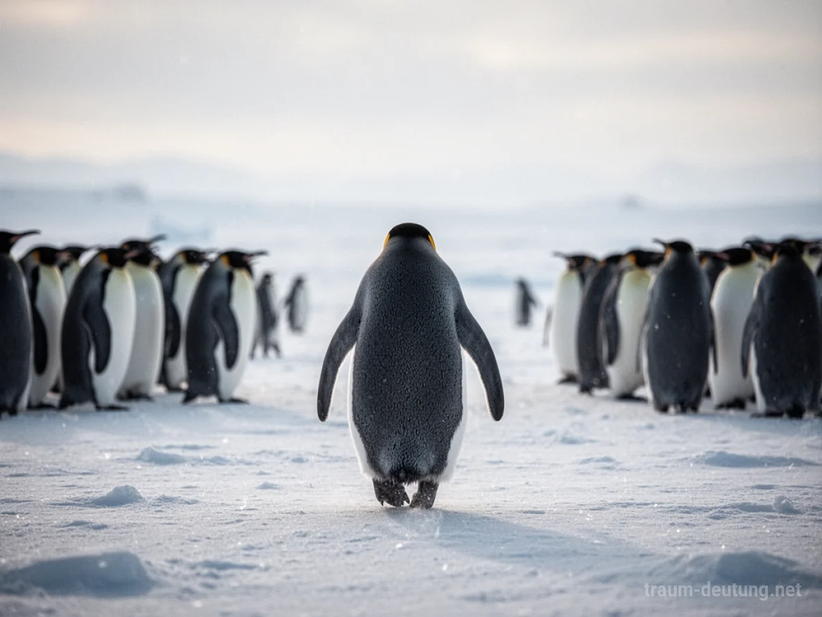 Ein einzelner Pinguin verlässt eine Gruppe und geht auf eine helle Landschaft zu.