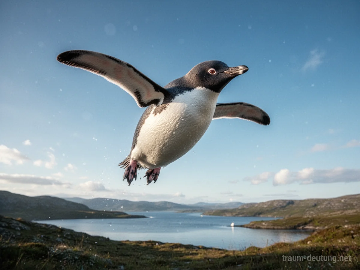 Ein Pinguin fliegt majestätisch durch den blauen Himmel.