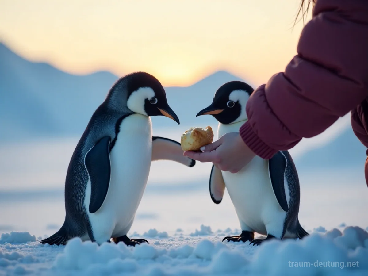Eine Person füttert einen Pinguin in einer verschneiten Landschaft.