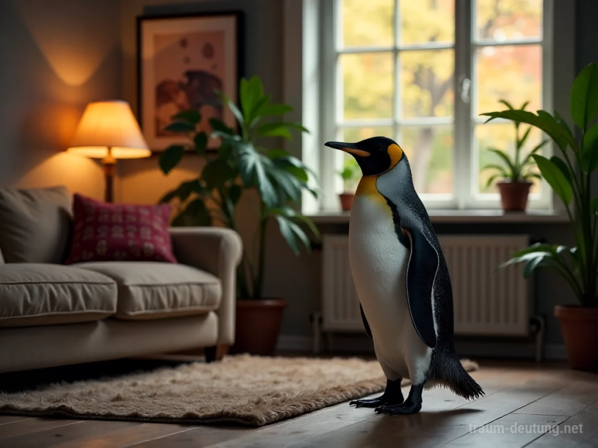 Ein Pinguin steht in einem Wohnzimmer.