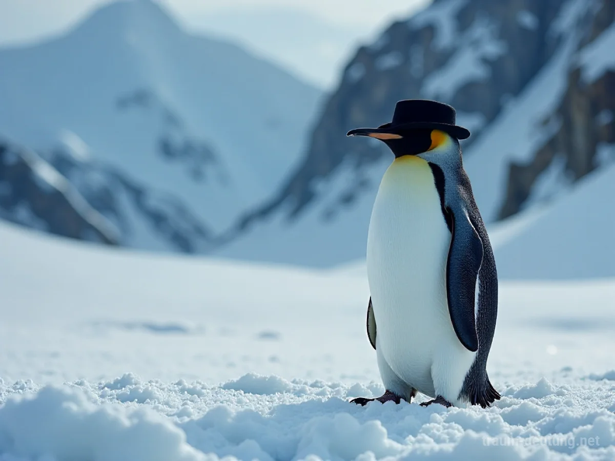 Ein Pinguin trägt einen eleganten Hut in einer verschneiten Umgebung.