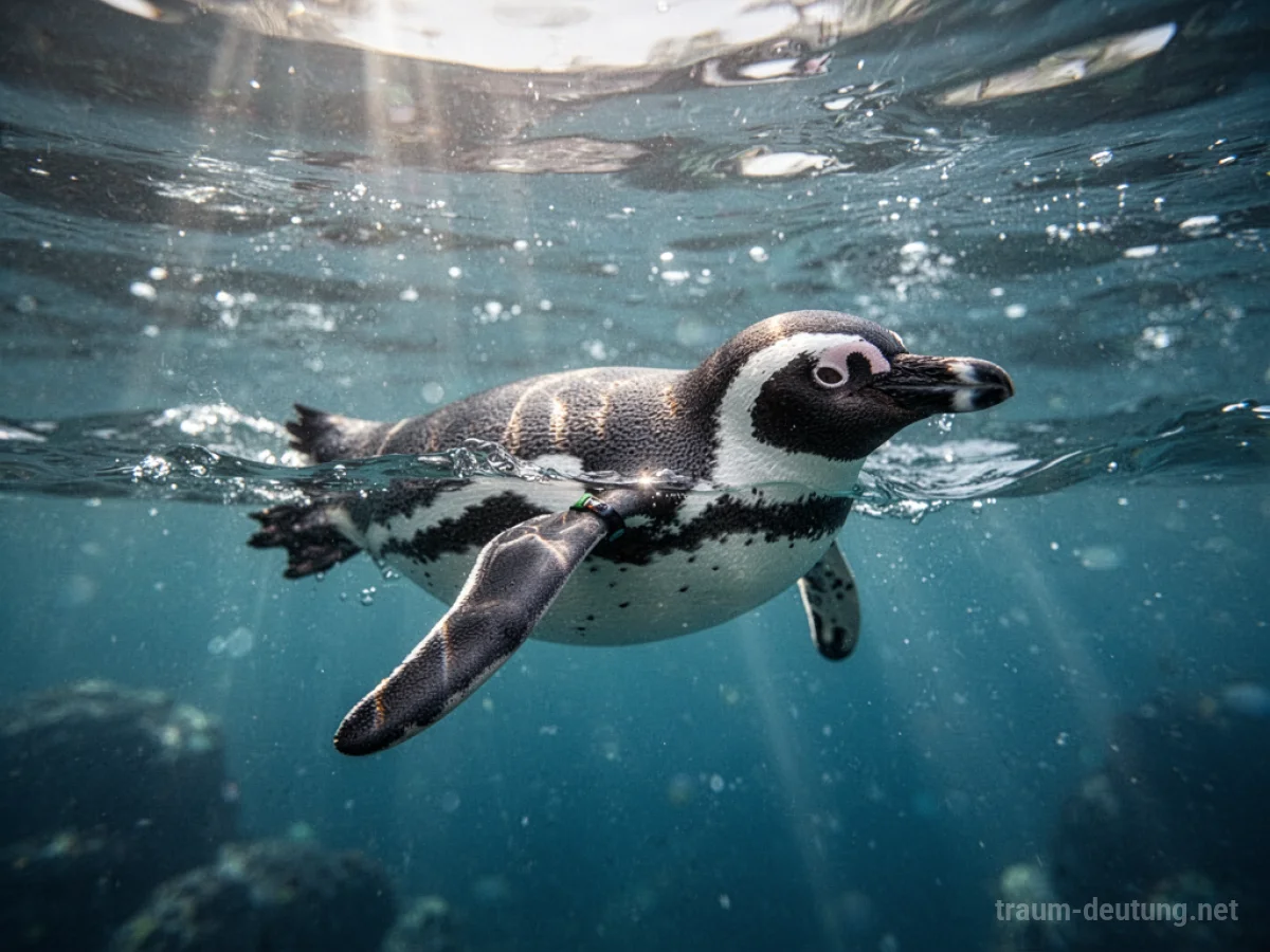 Ein Pinguin schwimmt in klarem blauem Wasser.