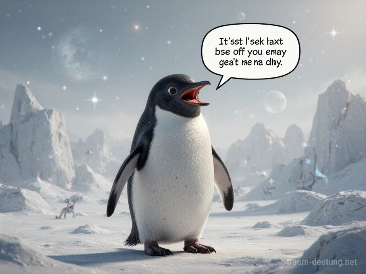Sprechender Pinguin mit einer Sprechblase über dem Kopf in einer Traumlandschaft.