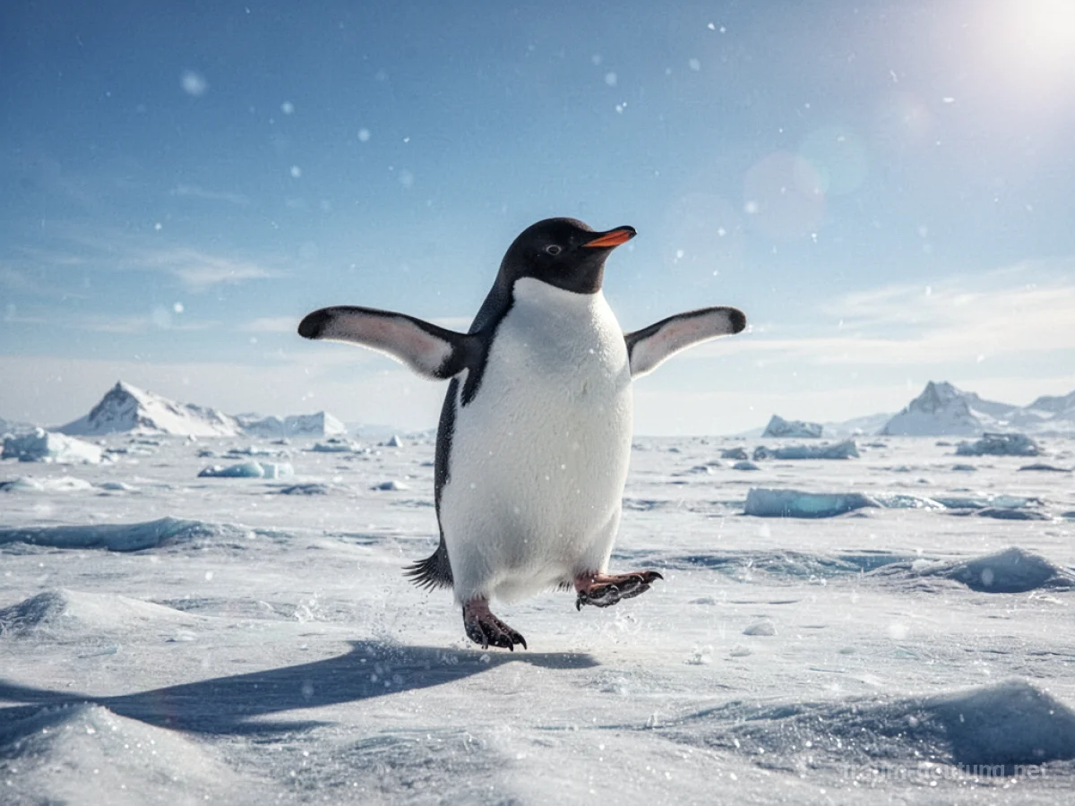 Ein Pinguin tanzt fröhlich auf Eis unter blauem Himmel.