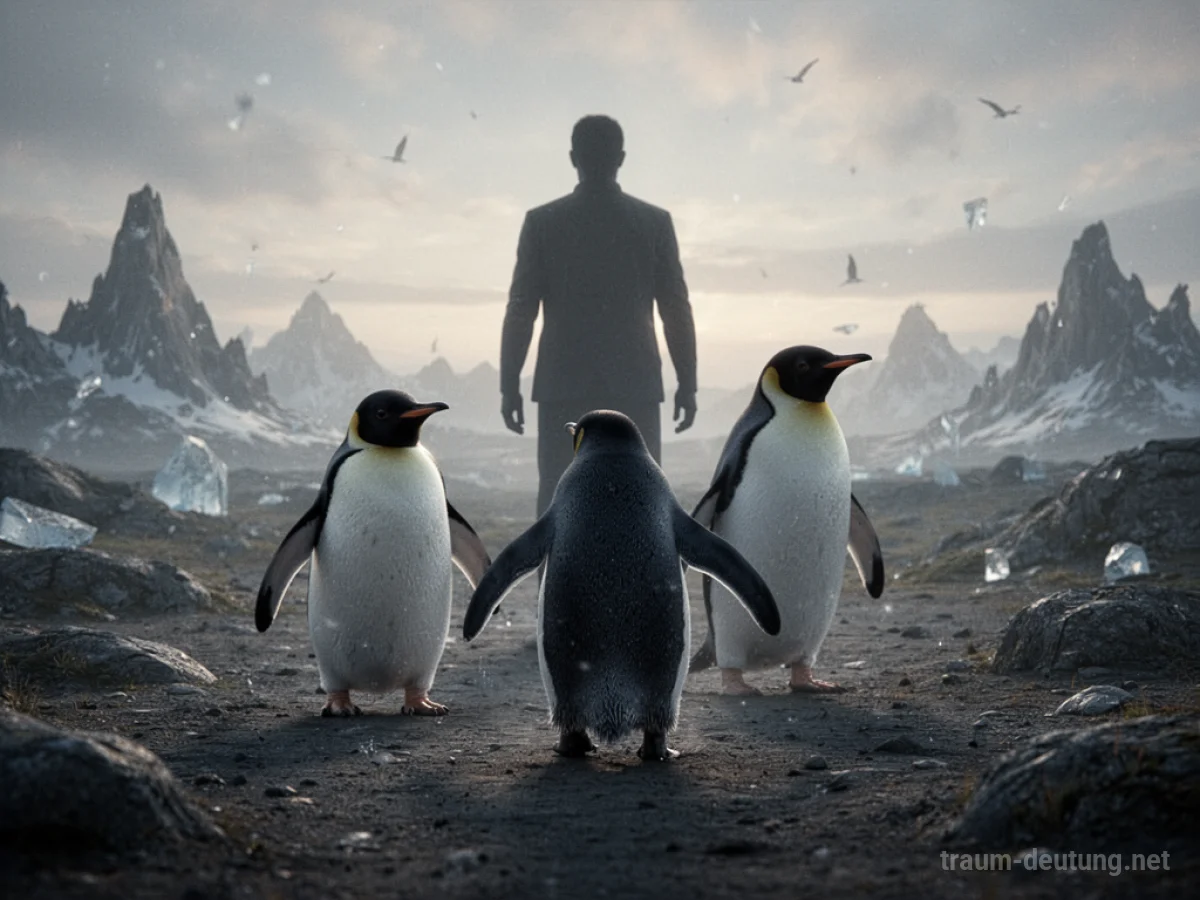 Ein Pinguin verfolgt eine menschliche Silhouette in einer surrealen Landschaft.