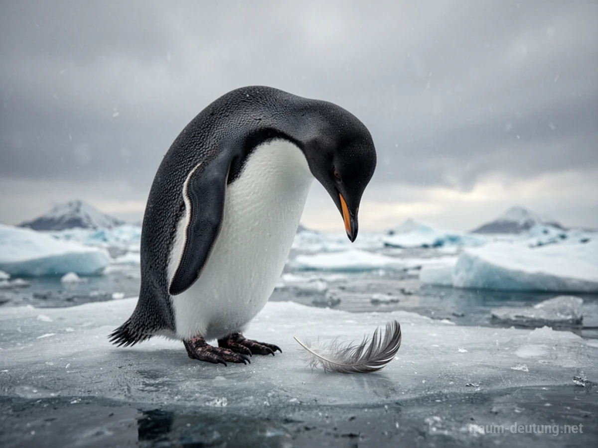 Pinguin steht auf Eis und blickt auf eine verlorene Feder.