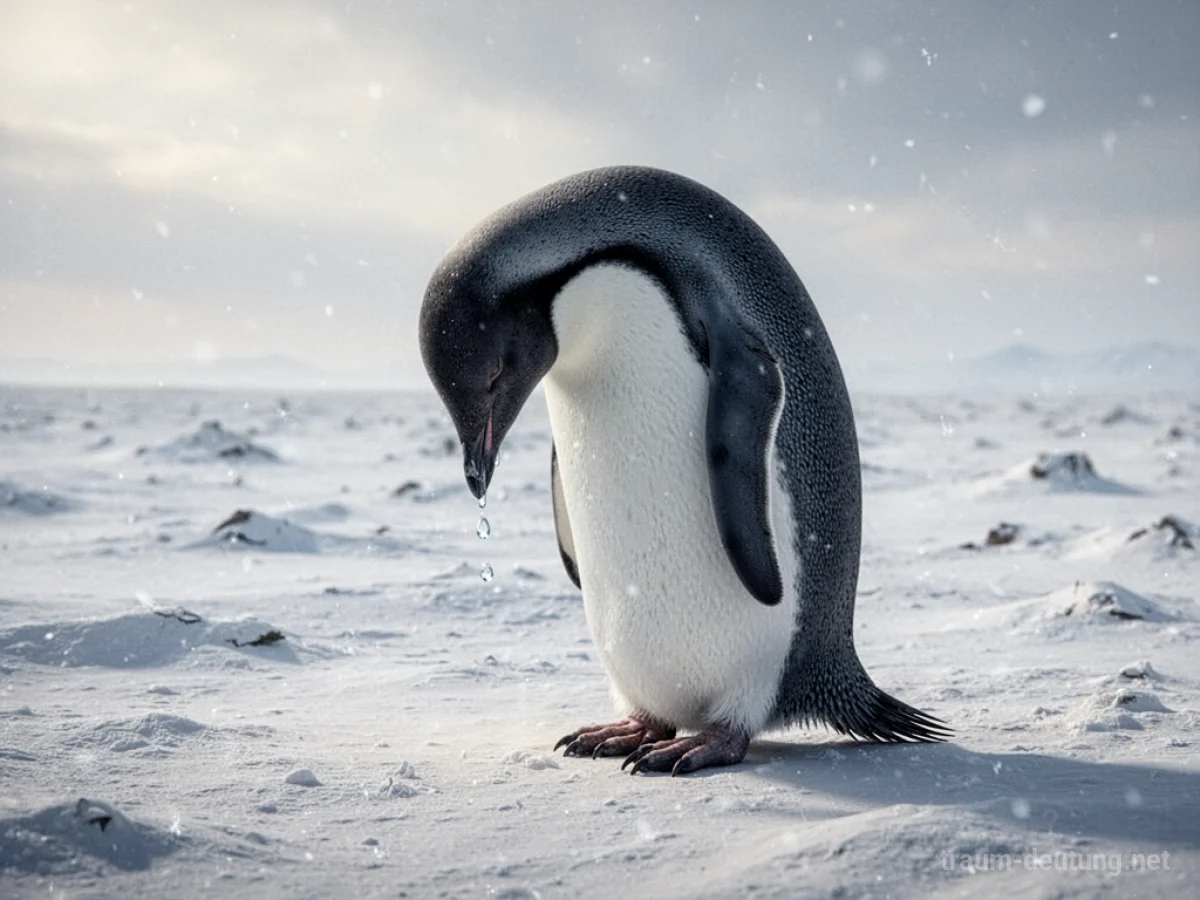 Ein einzelner Pinguin steht in einer verschneiten Landschaft und weint.