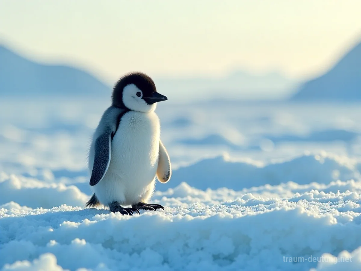 Ein kleines, flauschiges Pinguinbaby steht allein auf einer eisigen Fläche.