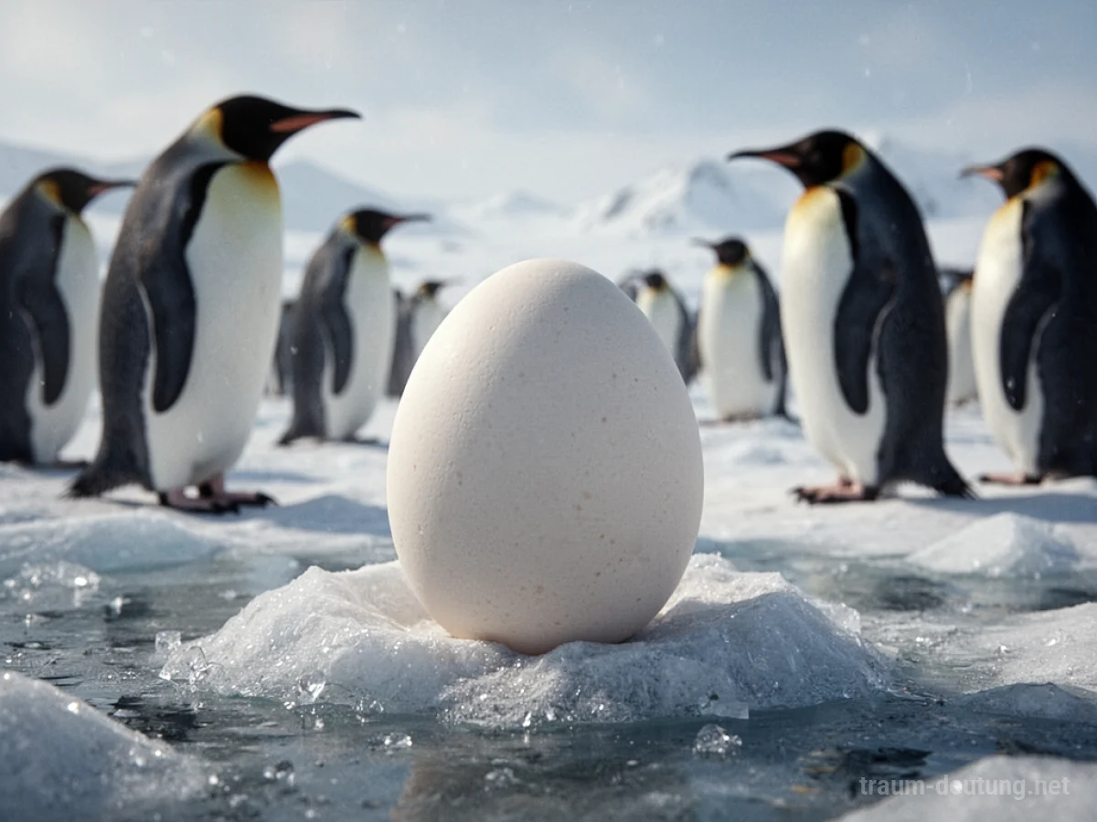 Ein einzelnes Pinguin-Ei auf Eis, Pinguine im Hintergrund.