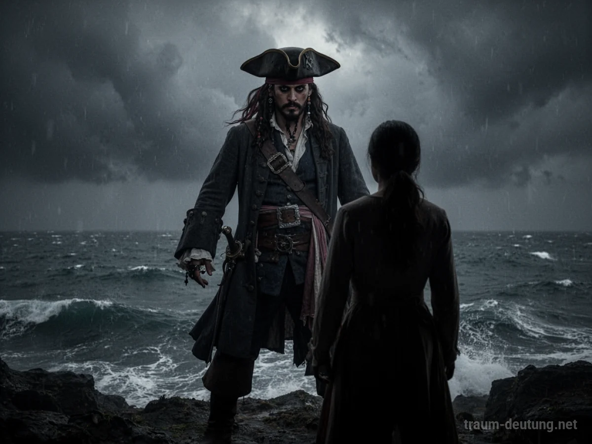 Schattenhafte Piratenfigur vor einer silhouettierten Person, bedrohliche Atmosphäre am dunklen Meer.