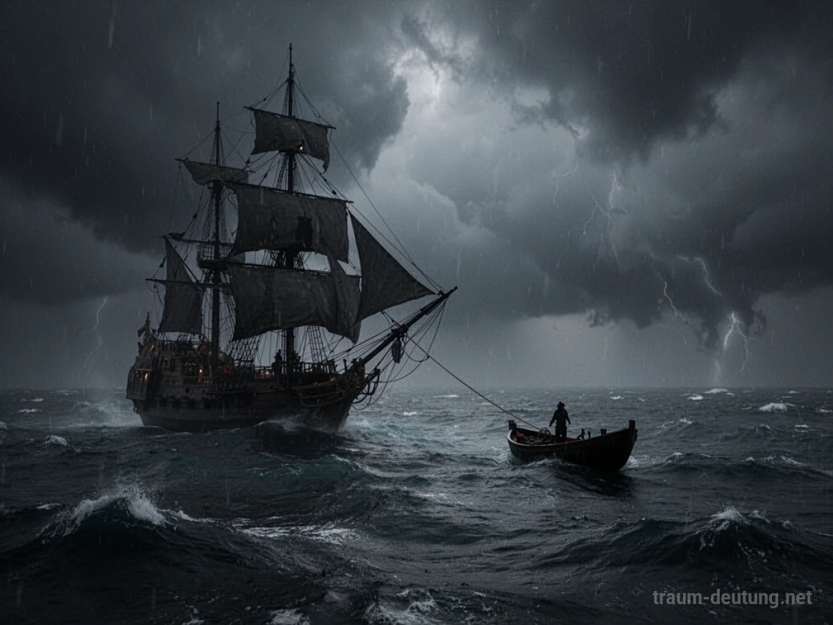 Schattenriss eines Piratenschiffes, das ein kleines Boot zu sich zieht.