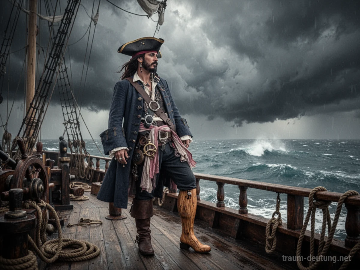 Pirat mit Holzbein steht auf einem Schiff und blickt aufs Meer.