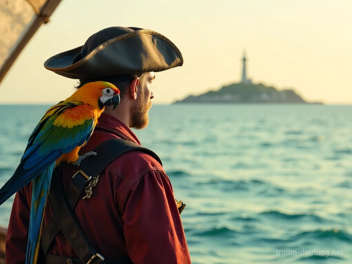 Bunter Papagei auf der Schulter eines Piraten mit Blick aufs Meer