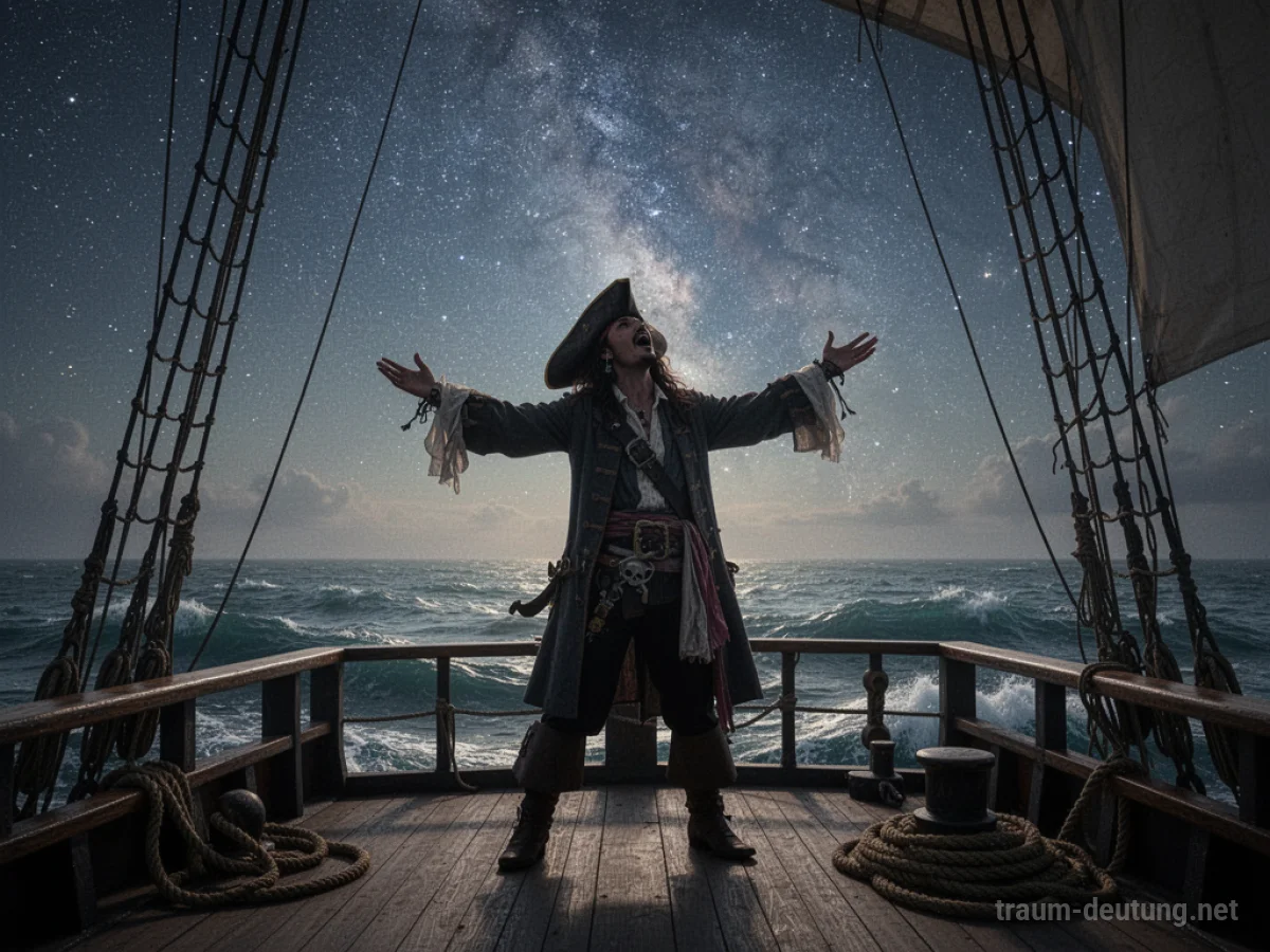 Pirat steht auf einem Schiff und singt in den Sternenhimmel.
