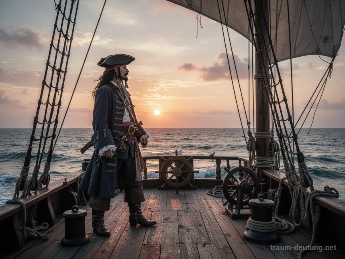 Pirat steht auf Schiffsdeck und blickt aufs Meer bei Sonnenuntergang