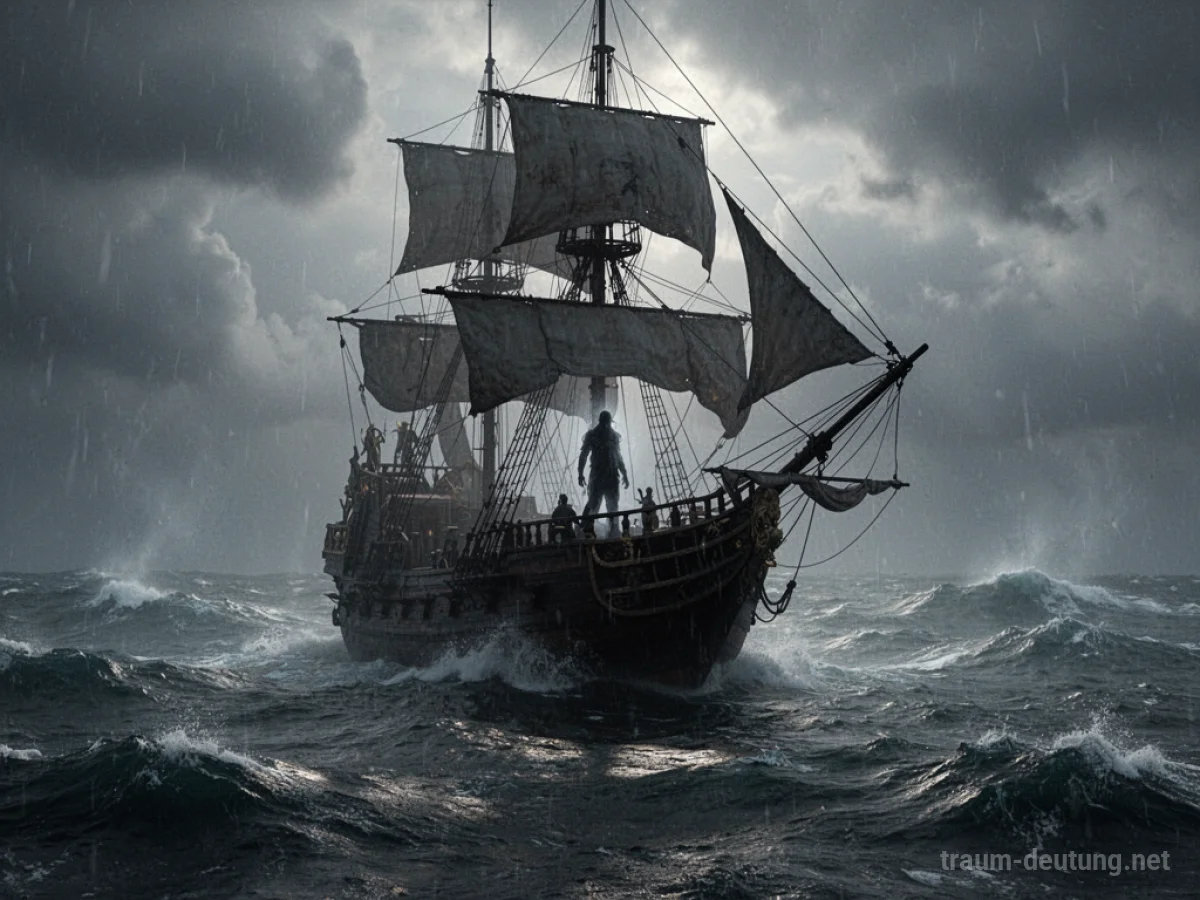 Silhouette eines Piratenschiffs auf stürmischer See mit einer dunklen Figur auf dem Deck.