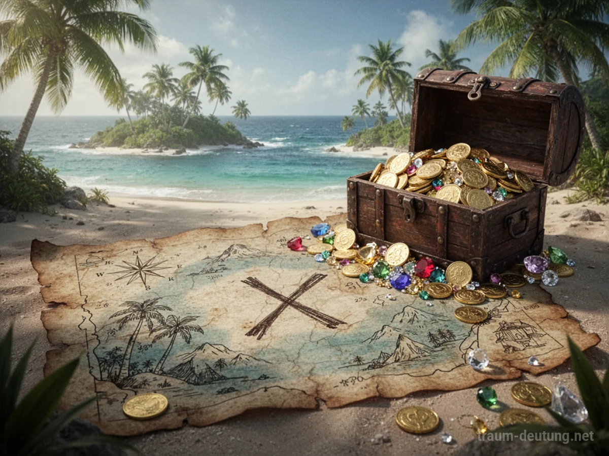 Eine Schatzkarte mit einem 'X' auf einer einsamen Insel, daneben ein offener Piratenschatz.