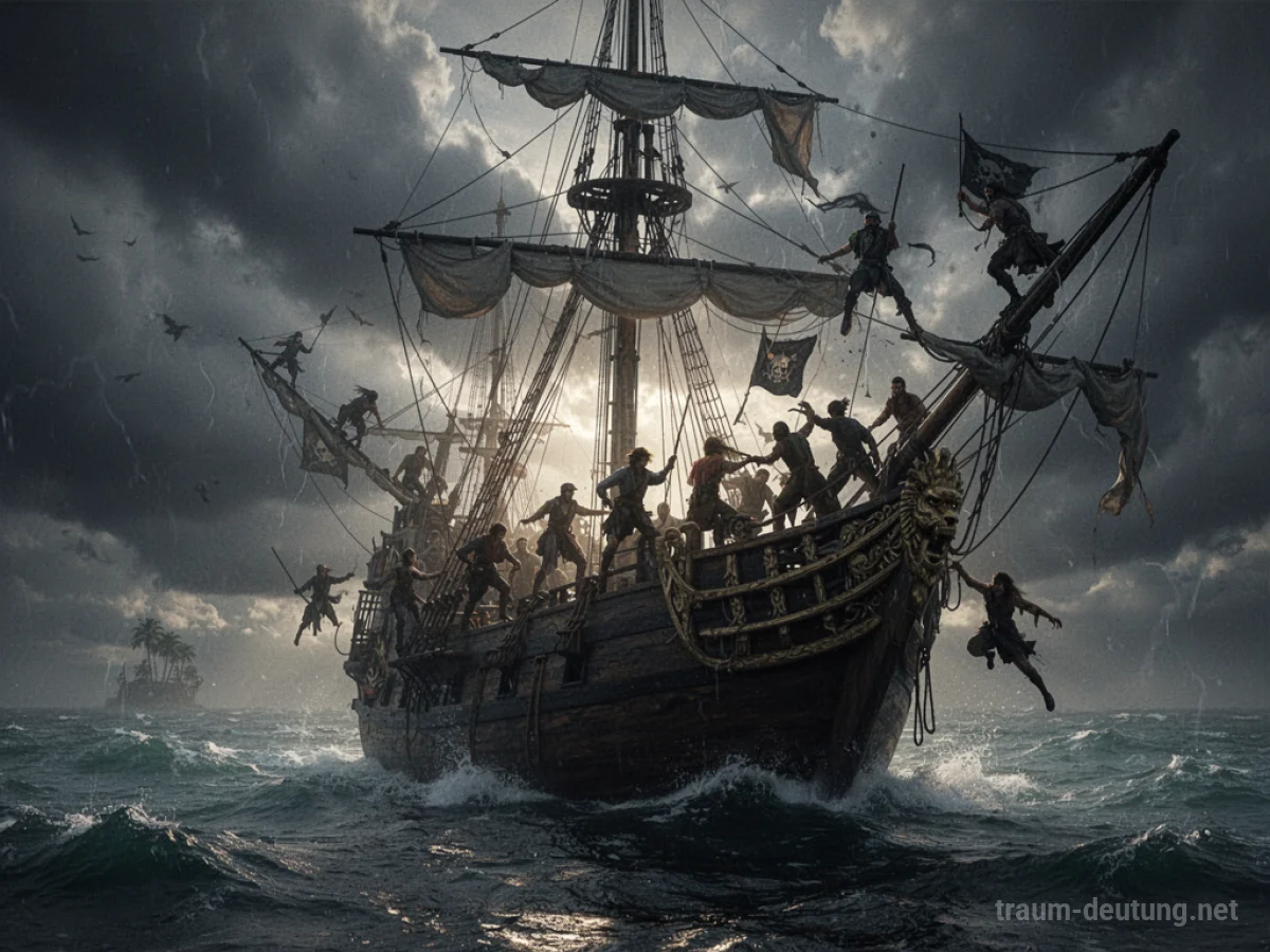Piratenschiff wird im Sturm geentert, Segel im Wind