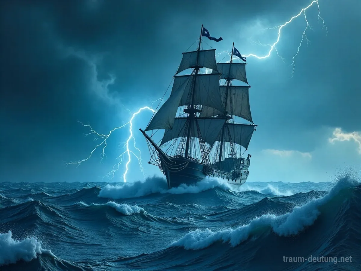 Ein Piratenschiff kämpft gegen hohe Wellen und starken Wind in einem stürmischen Meer.